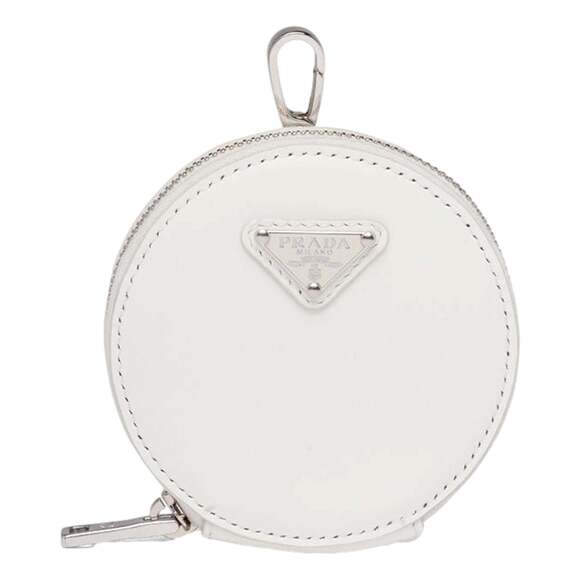 Prada Triangle Plaque Smooth White Leather Round Mini Pouch